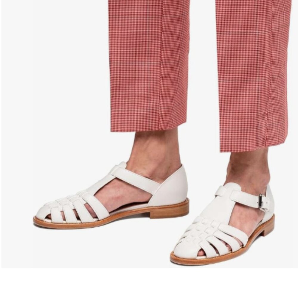 FSJ White Closed Toe Low Block Heel Woven Roman Ankle Strap Hollow Caged Sandals